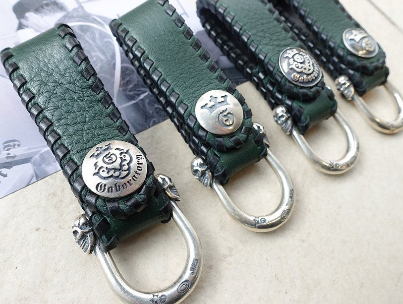【Gaboratory ガボラトリー】Dark green Buffalo skin belt loop with miniature skull wide-D style ダークグリーンバッファロースキンベルトループ