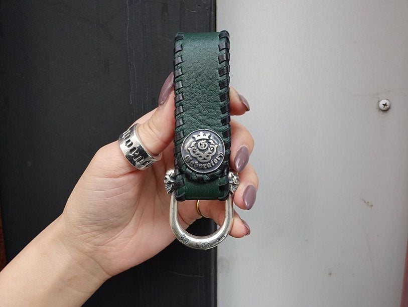 【Gaboratory ガボラトリー】Dark green Buffalo skin belt loop with miniature skull wide-D style ダークグリーンバッファロースキンベルトループ