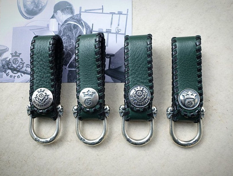 【Gaboratory ガボラトリー】Dark green Buffalo skin belt loop with miniature skull wide-D style ダークグリーンバッファロースキンベルトループ